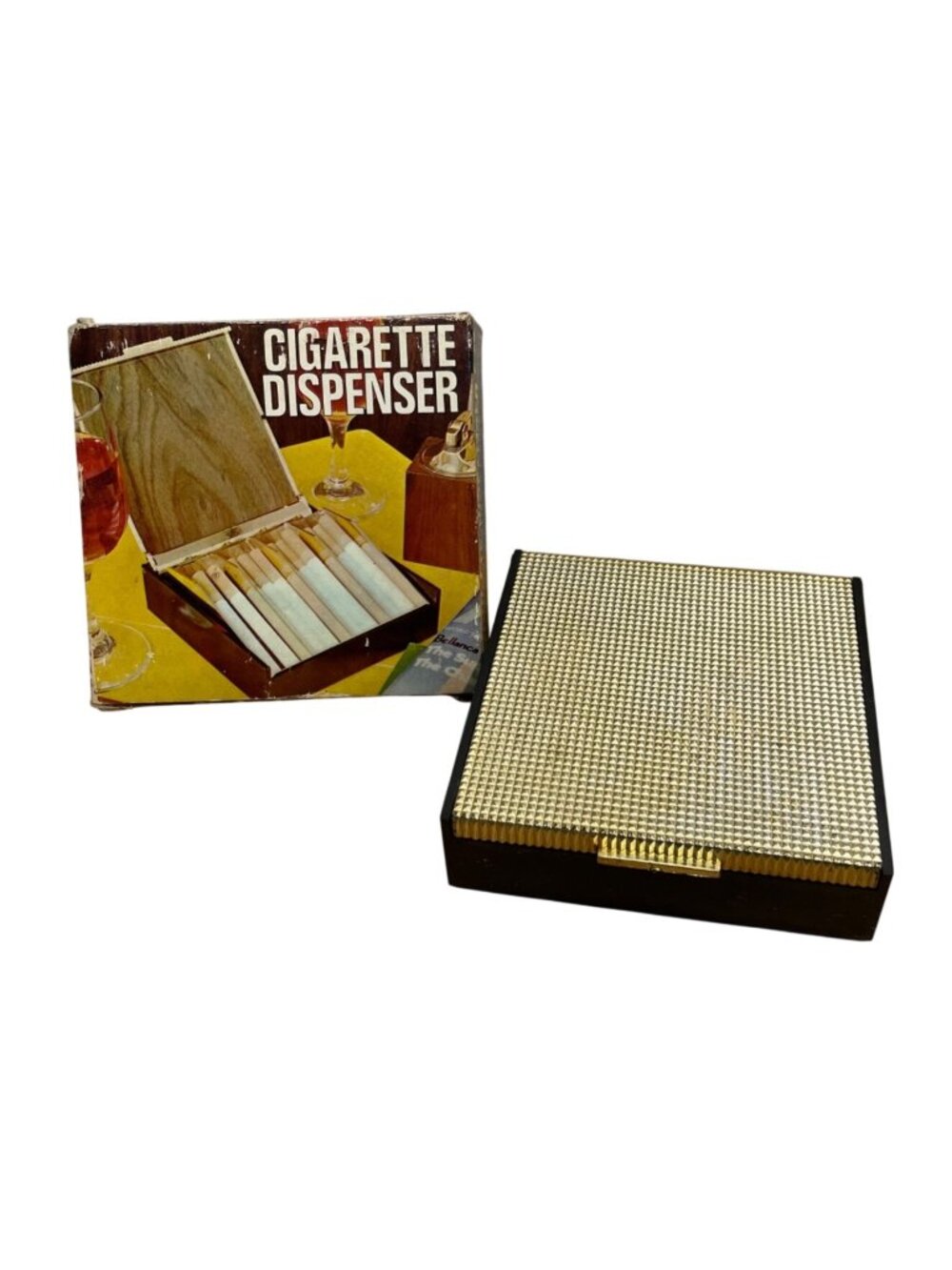 Vintage Cigarette Dispenser Case Textured Gold Lid Faux Wood Lined Interior MCM